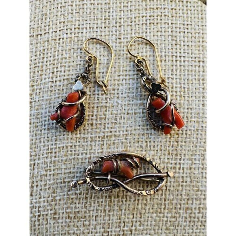 Antique Victorian Dangle Earrings & Brooch Yellow GF Infinity Twist Design Coral